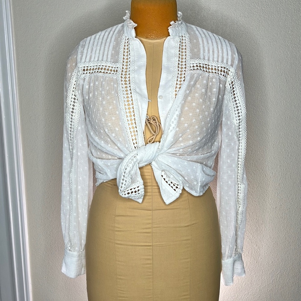 Zara Sheer White Lace and Swiss Dot Blouse